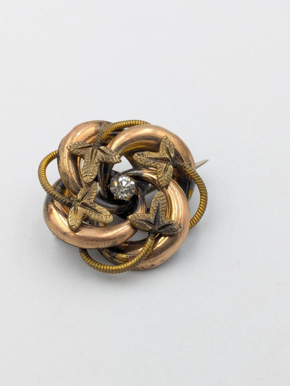 Antique Victorian love knot leaves vine small brooch pin sparkly paste stone